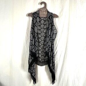Lavello Womens Black & White Chiffon Convertible Fringe Vest Whimsical Sheer
